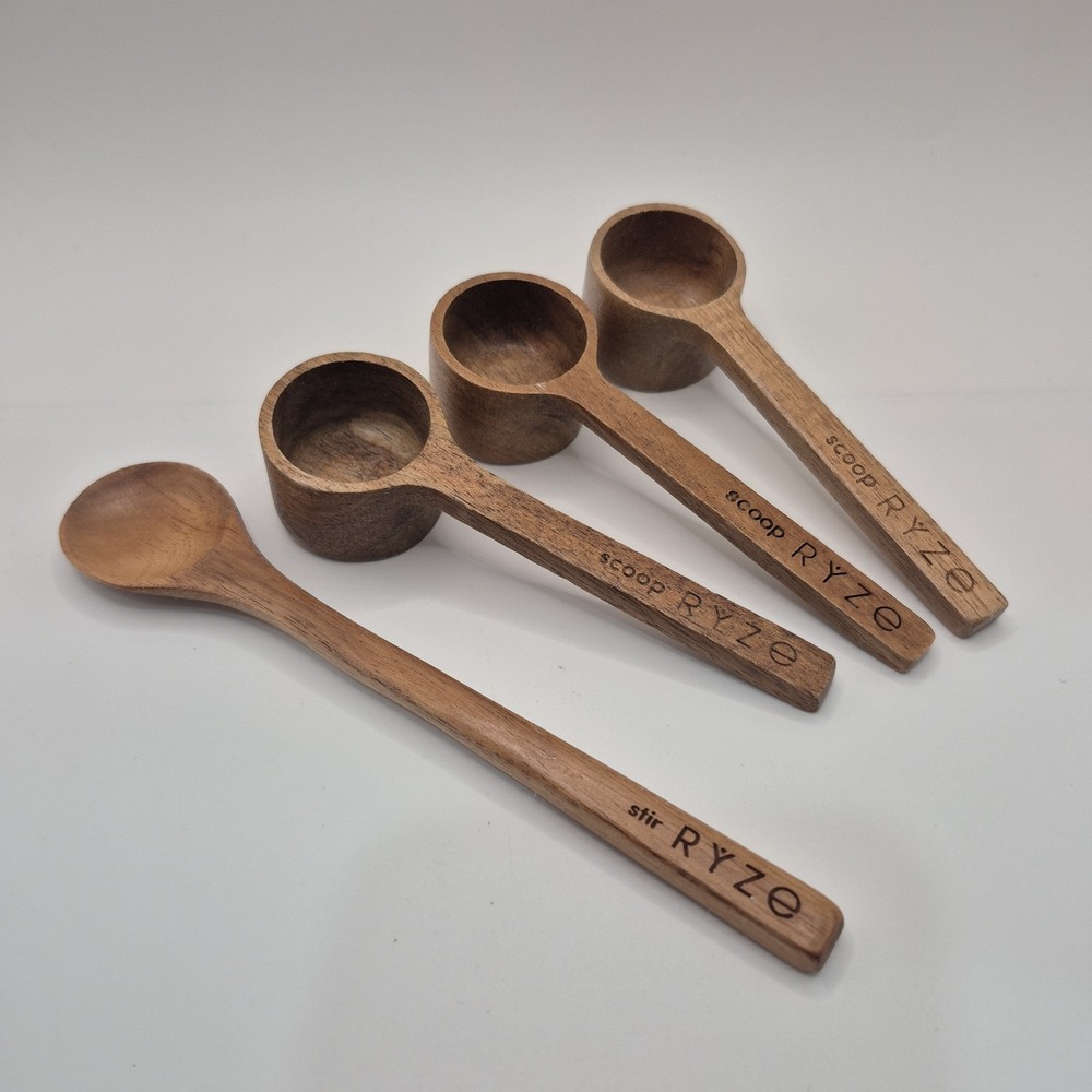 1 RYZE Brand Handmade Wooden Acacia Spoon & 3 Scoops GENUINE Mushroom Coffee
